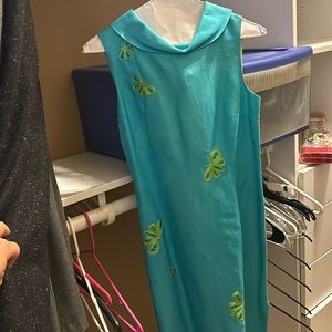 BEAUTIFUL LINED turquoise and blue embroidered butterfly TALBOTS 4P Dress